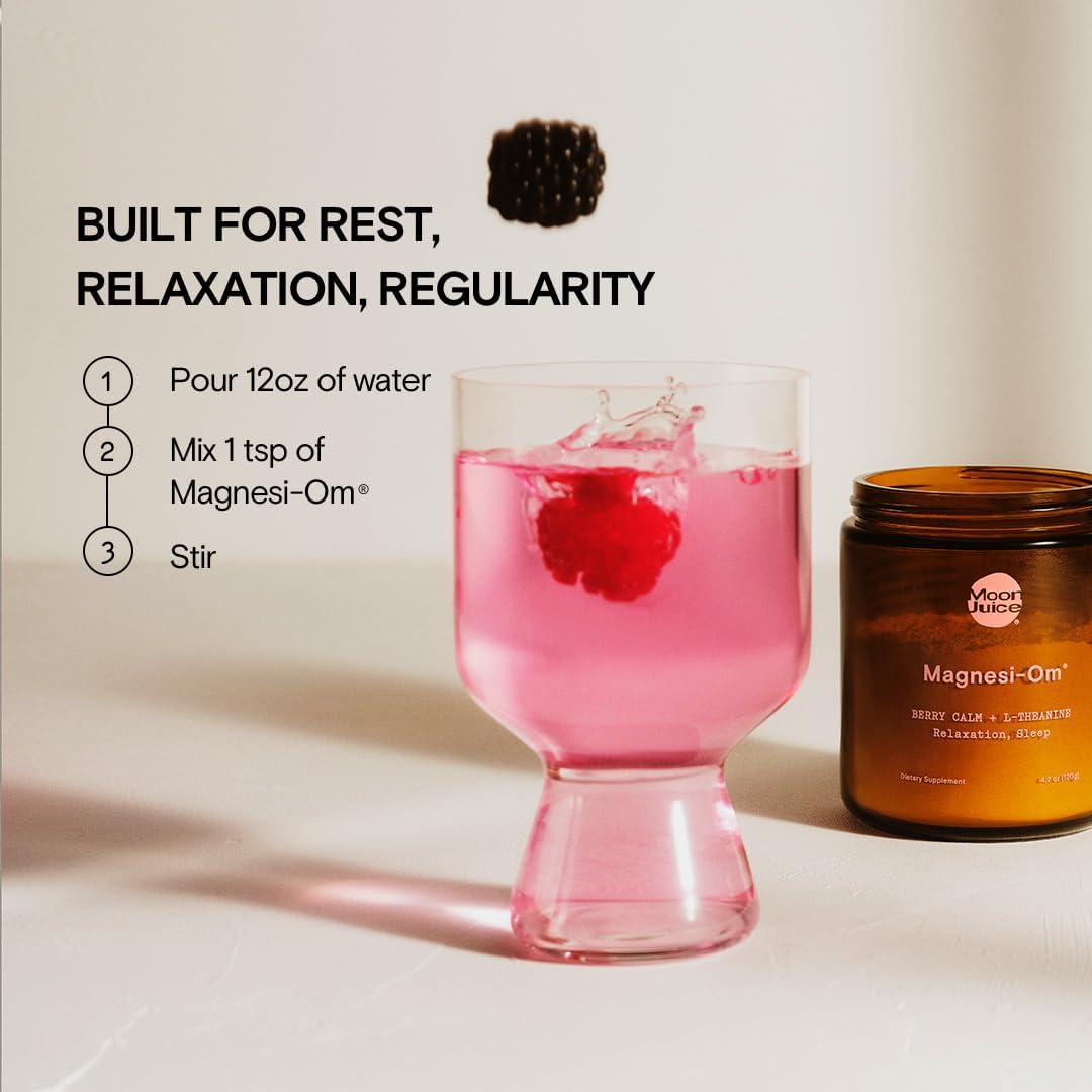 Moon Juice Magnesi-Om Berry Powder for Brain Health and Rest - 30 Servings, 4.2oz Glass Jar - Magnesium and L-Theanine Supplement, Vegan and Non-GMO, Third Party Tested