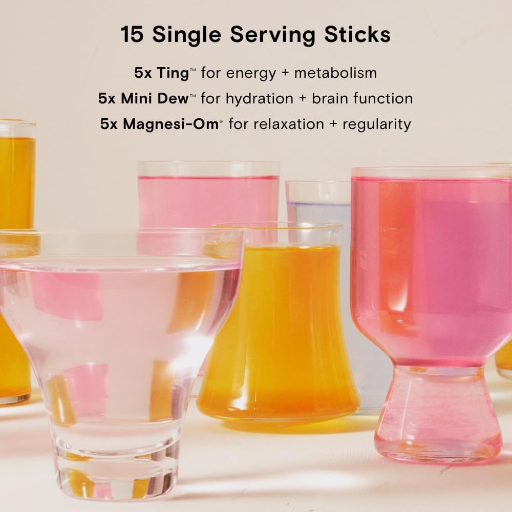 Moon Juice Magnesi-Om, Ting & Mini Dew Stick Set - Berry, Mango & Watermelon Flavored Supplements for Relaxation, Energy, and Hydration - 15 Single Servings