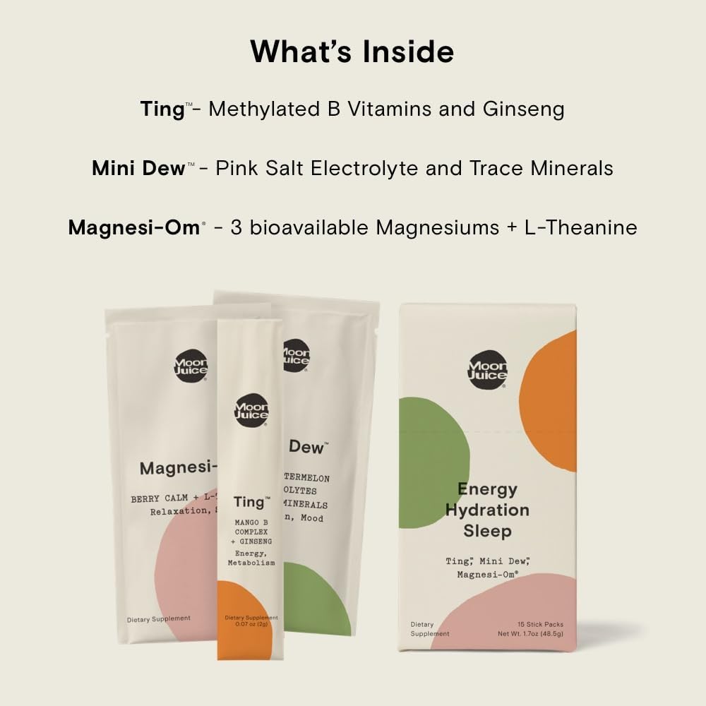 Moon Juice Magnesi-Om, Ting & Mini Dew Stick Set - Berry, Mango & Watermelon Flavored Supplements for Relaxation, Energy, and Hydration - 15 Single Servings