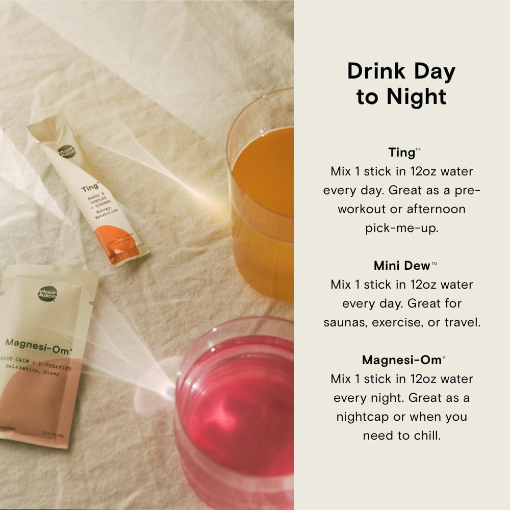 Moon Juice Magnesi-Om, Ting & Mini Dew Stick Set - Berry, Mango & Watermelon Flavored Supplements for Relaxation, Energy, and Hydration - 15 Single Servings