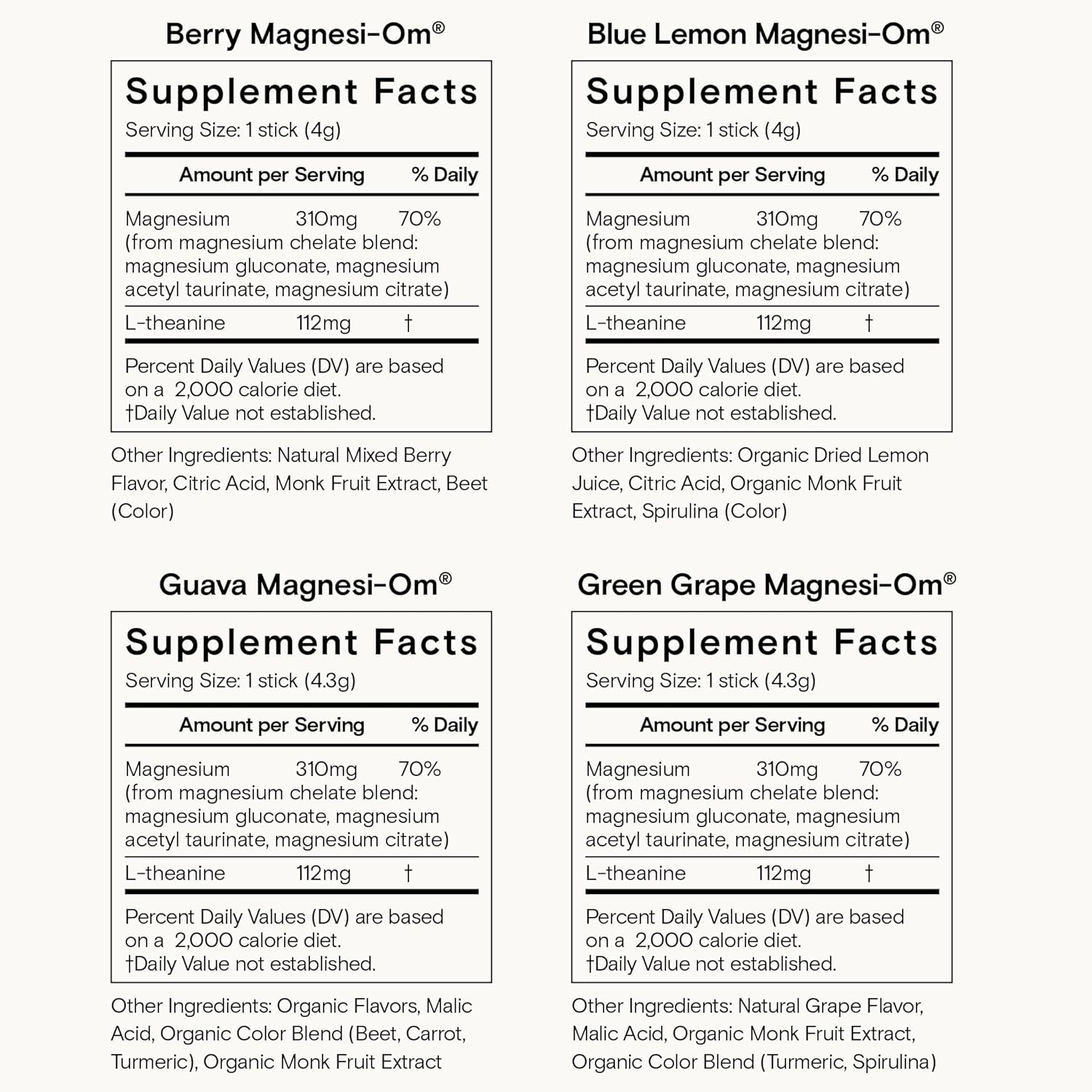 Moon Juice Magnesi-Om Variety Pack - Magnesium Citrate + L-Theanine for Calm + Regularity - Sugar Free - Guava, Green Grape, Blue Lemon, Berry - 24 Sticks
