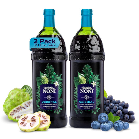 Morinda Tahitian Noni Juice: Original Puree from Tahiti with Blueberry & Grape, All-Natural Wellness Drink - 2 One Liter Bottles