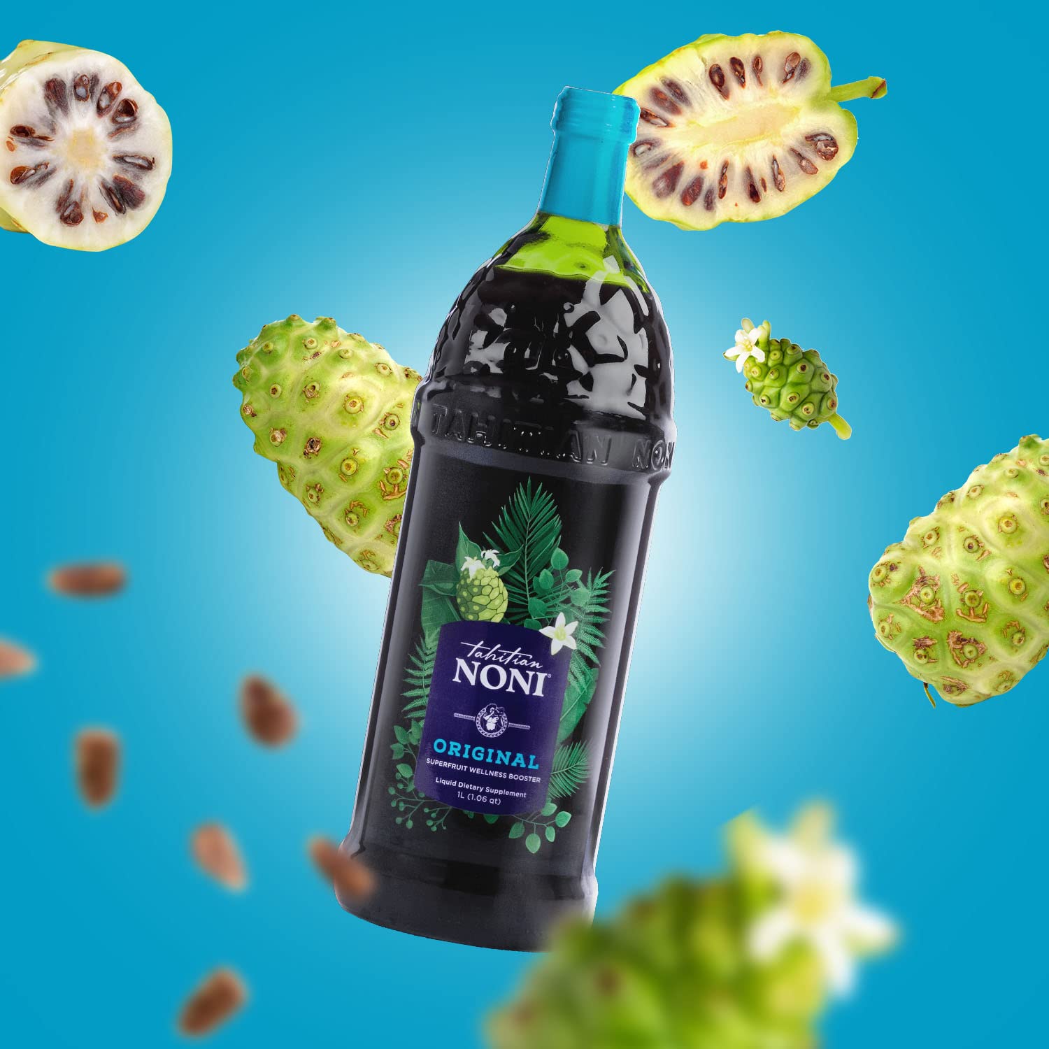 Morinda Tahitian Noni Juice: Original Puree from Tahiti with Blueberry & Grape, All-Natural Wellness Drink - 2 One Liter Bottles