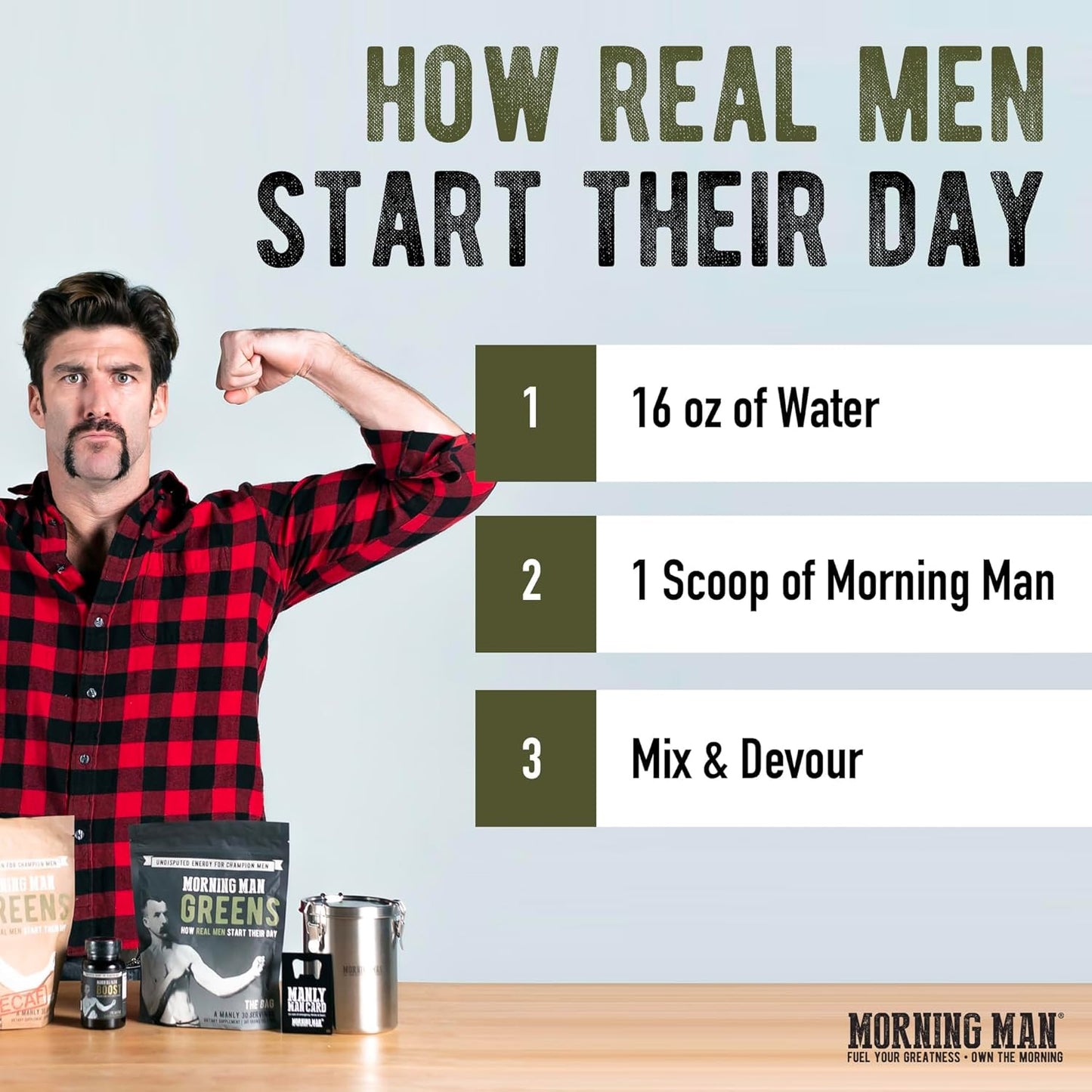 Morning Man Greens Probiotic Superfood Mix with Caffeine, Vitamins, Green Tea & Coffee Extracts, Digestive Enzymes - Gluten Free, Vegan Energy Booster