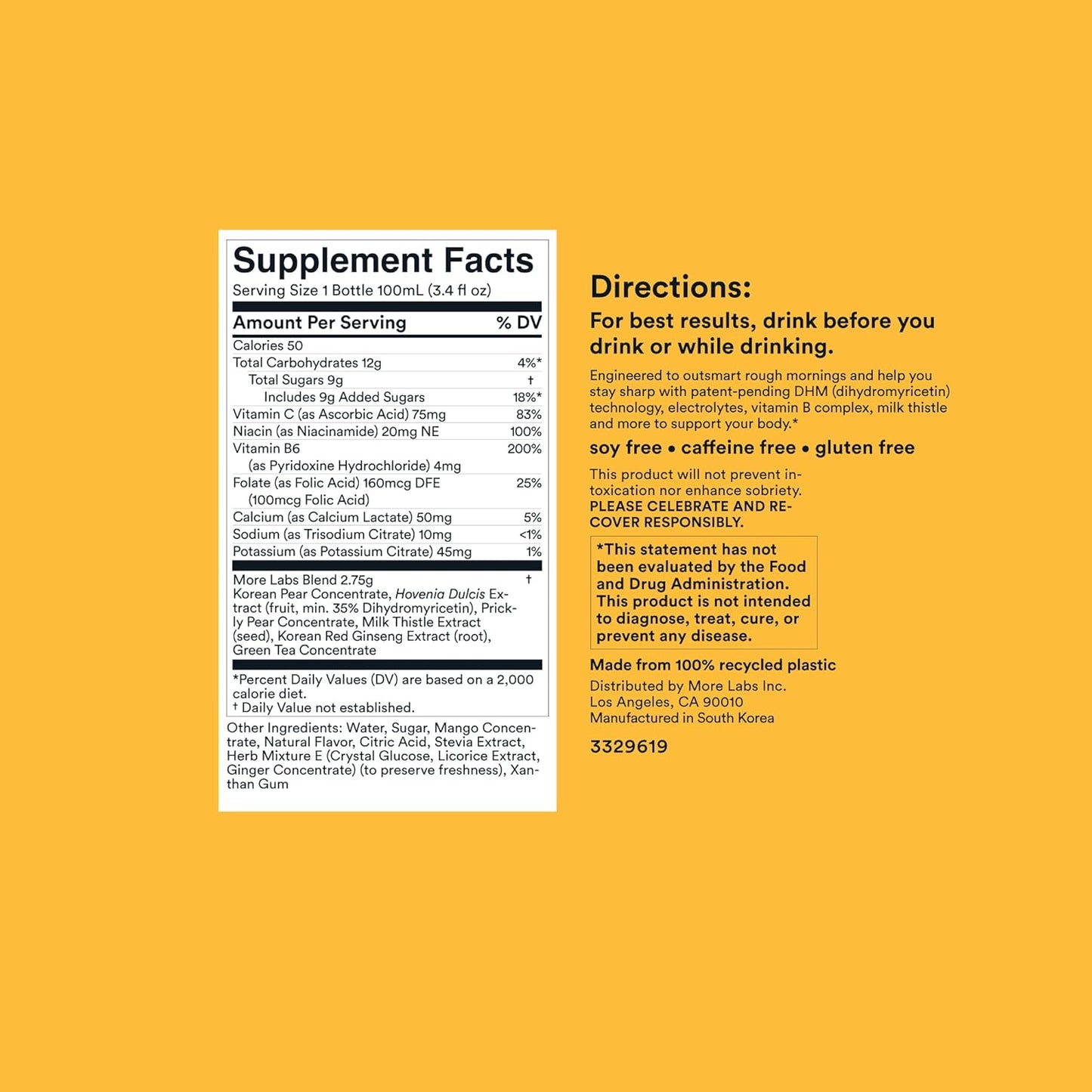 Morning Recovery Electrolyte & Milk Thistle Drink - Hydrating Proprietary Formula with DHM - Orange Mango, Pack of 6
