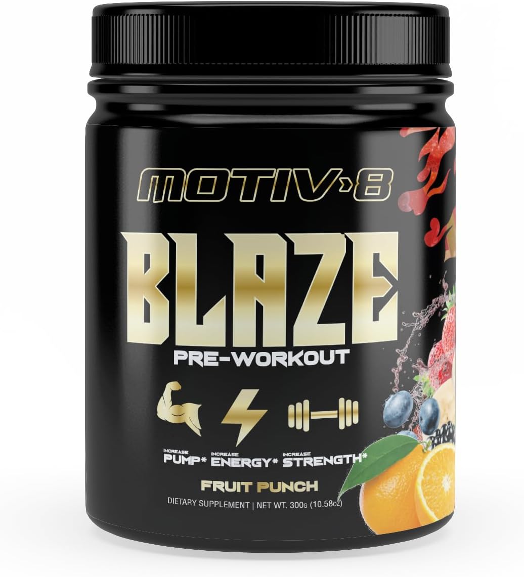 Motiv-8 Blaze: Sugar-Free Pre-Workout for Higher Intensity Performance, Boost Energy and Focus, Enhance Mood - Fruit Punch Flavor (30 Servings)
