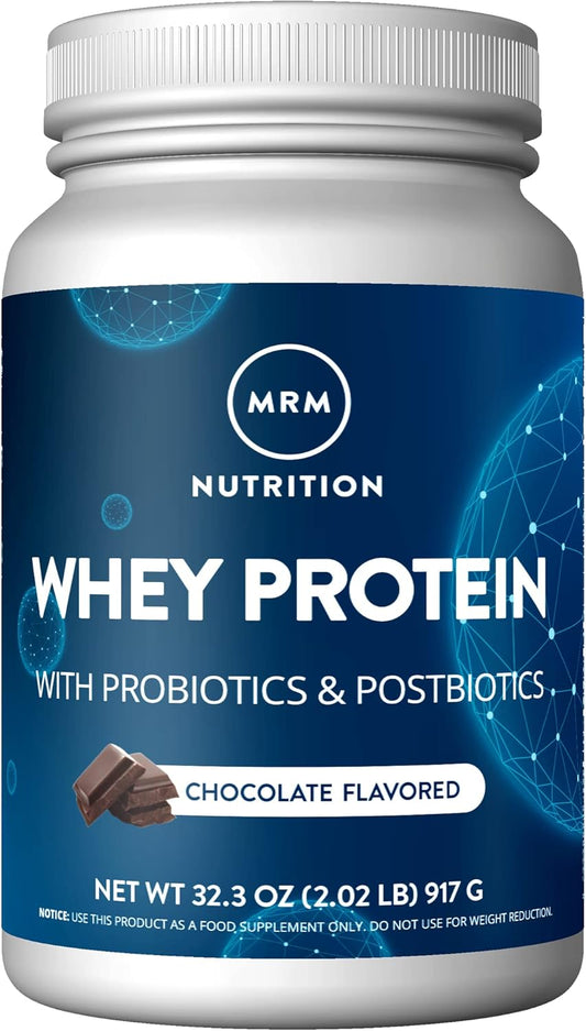 MRM Nutrition Chocolate Flavored Whey Protein with Probiotics, Digestive Enzymes, and BCAAs - 18g Protein - Hormone and Antibiotic Free - 33 Servings