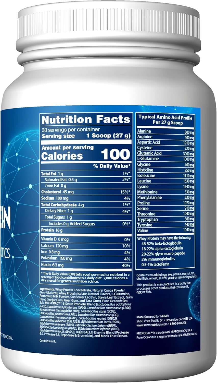 MRM Nutrition Chocolate Flavored Whey Protein with Probiotics, Digestive Enzymes, and BCAAs - 18g Protein - Hormone and Antibiotic Free - 33 Servings