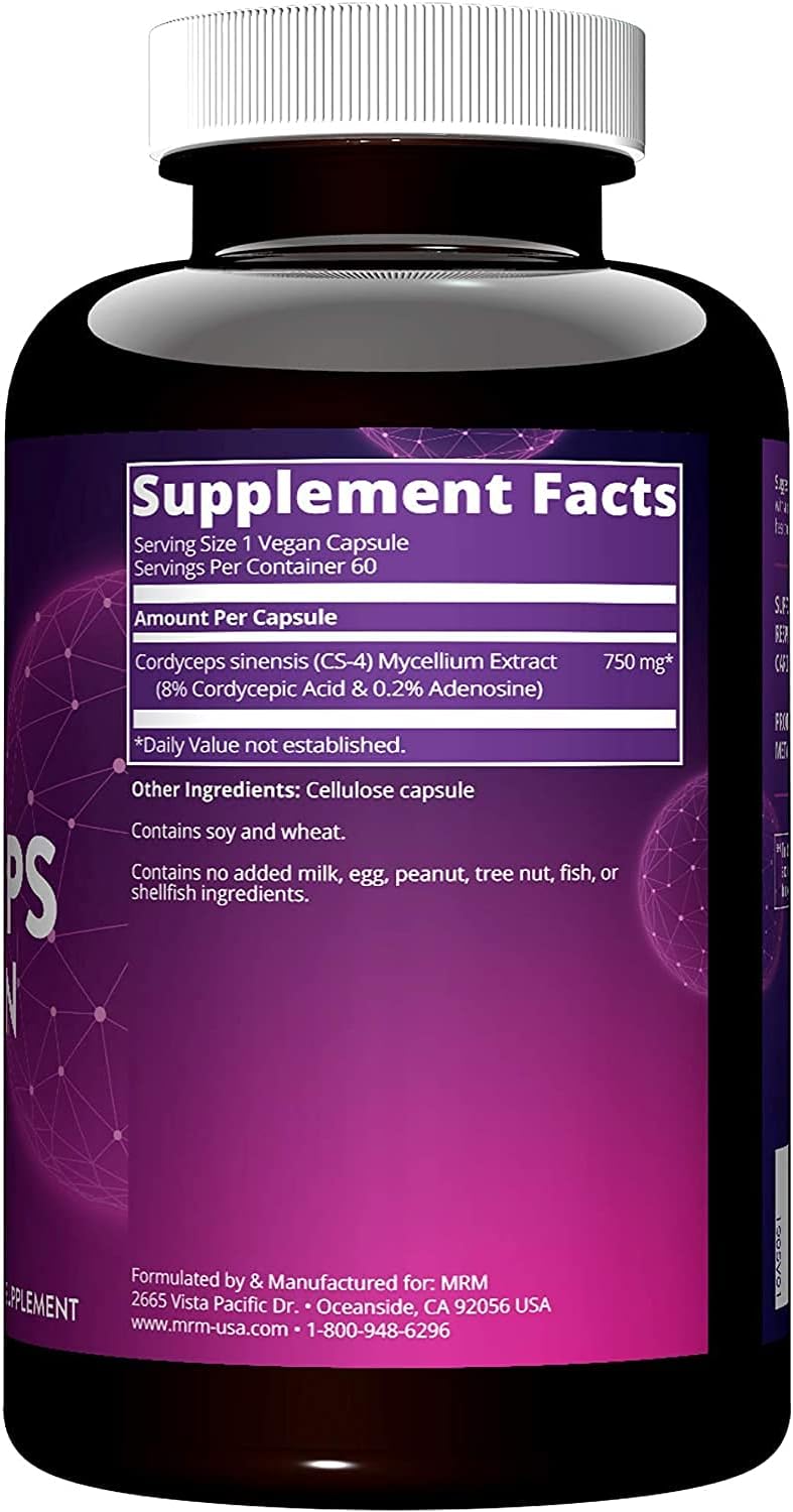 MRM Nutrition Cordyceps CS-4 Strain Supplement for Endurance and Energy - Vegan Formula with Adaptogens - 60 Servings