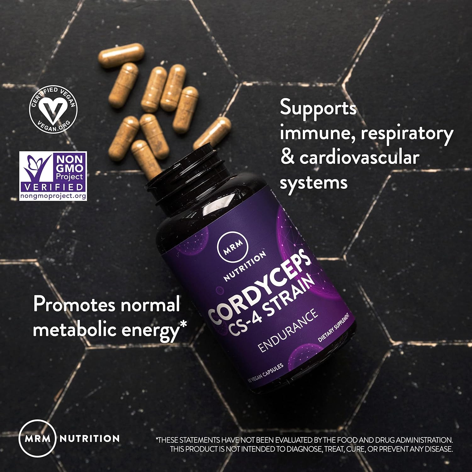 MRM Nutrition Cordyceps CS-4 Strain Supplement for Endurance and Energy - Vegan Formula with Adaptogens - 60 Servings