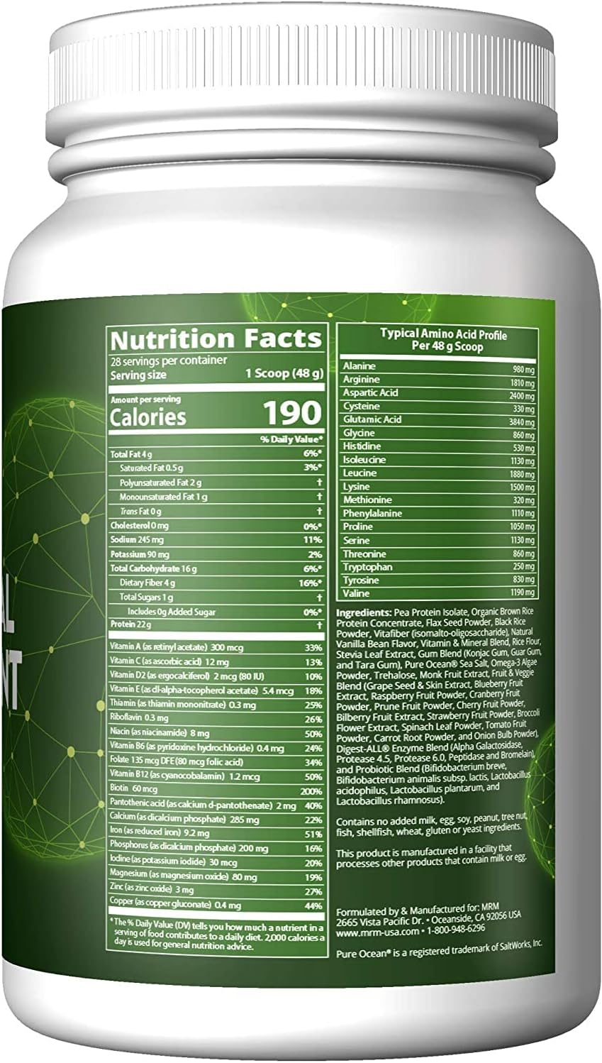 MRM Nutrition Vanilla Bean Flavored Veggie Meal Replacement Protein - 22g Plant Based Protein - Balanced Macronutrient Formula - 28 Servings