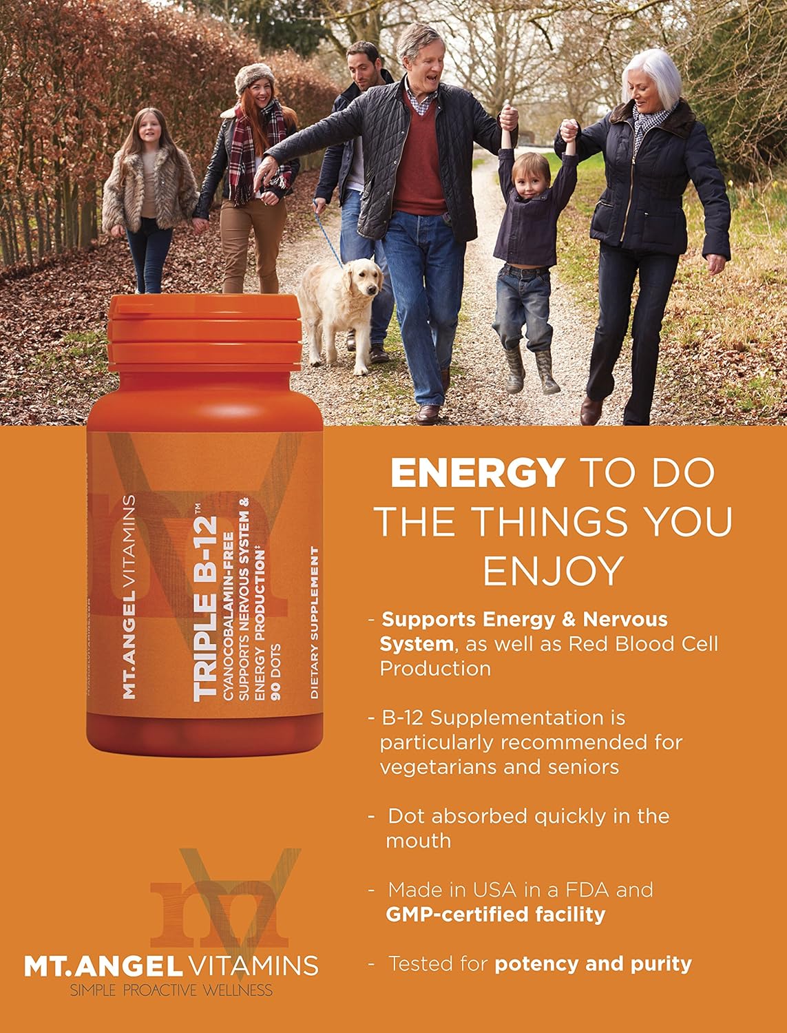 Mt. Angel Vitamins Triple B-12 Dots - Promotes Nervous System Health and Energy Production - 90 Dots