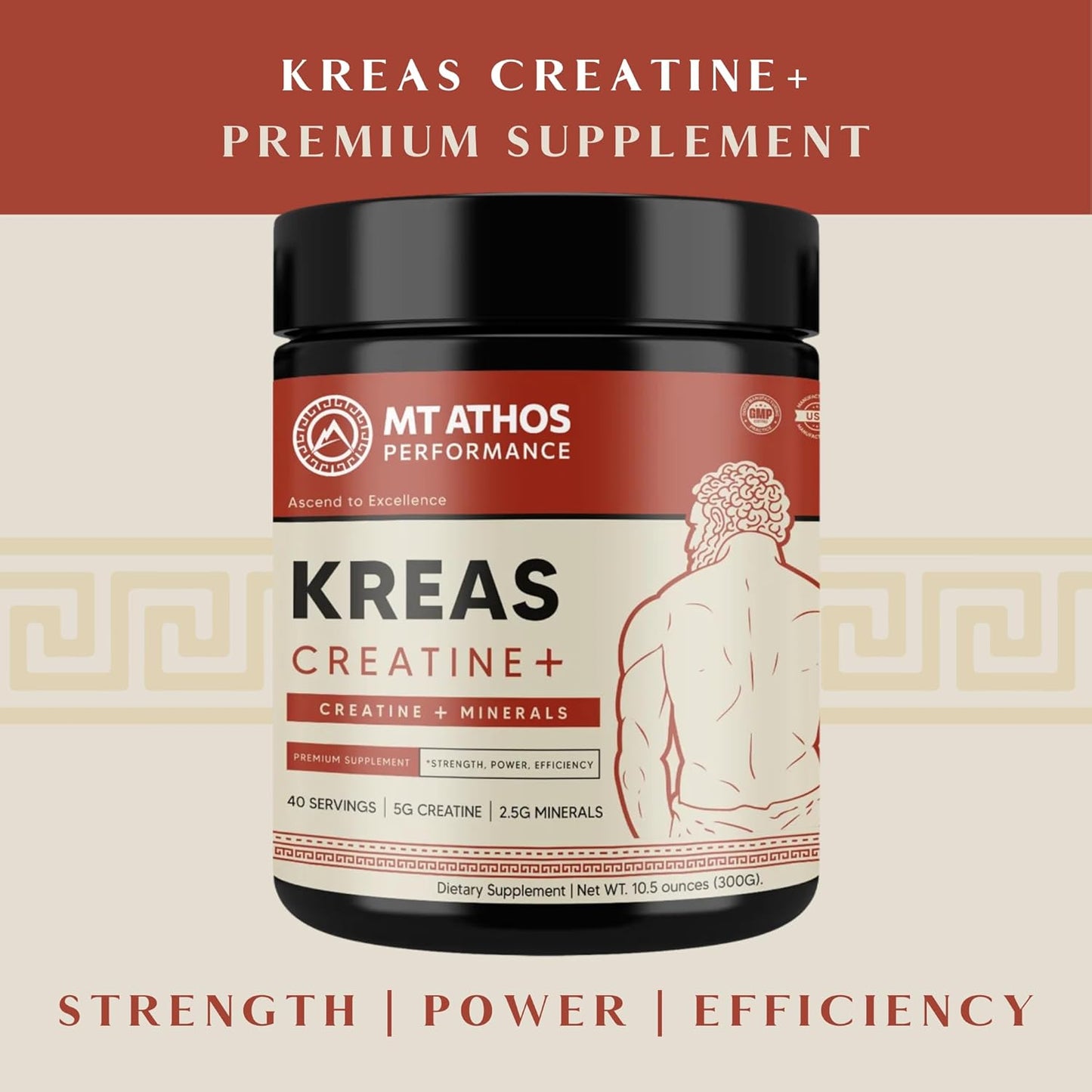 Mt. Athos Performance Kreas Creatine+ | Advanced Creatine and Mineral Formula | 5g Creatine, 2.5g Minerals per Serving | 40 Servings, 10.5 oz