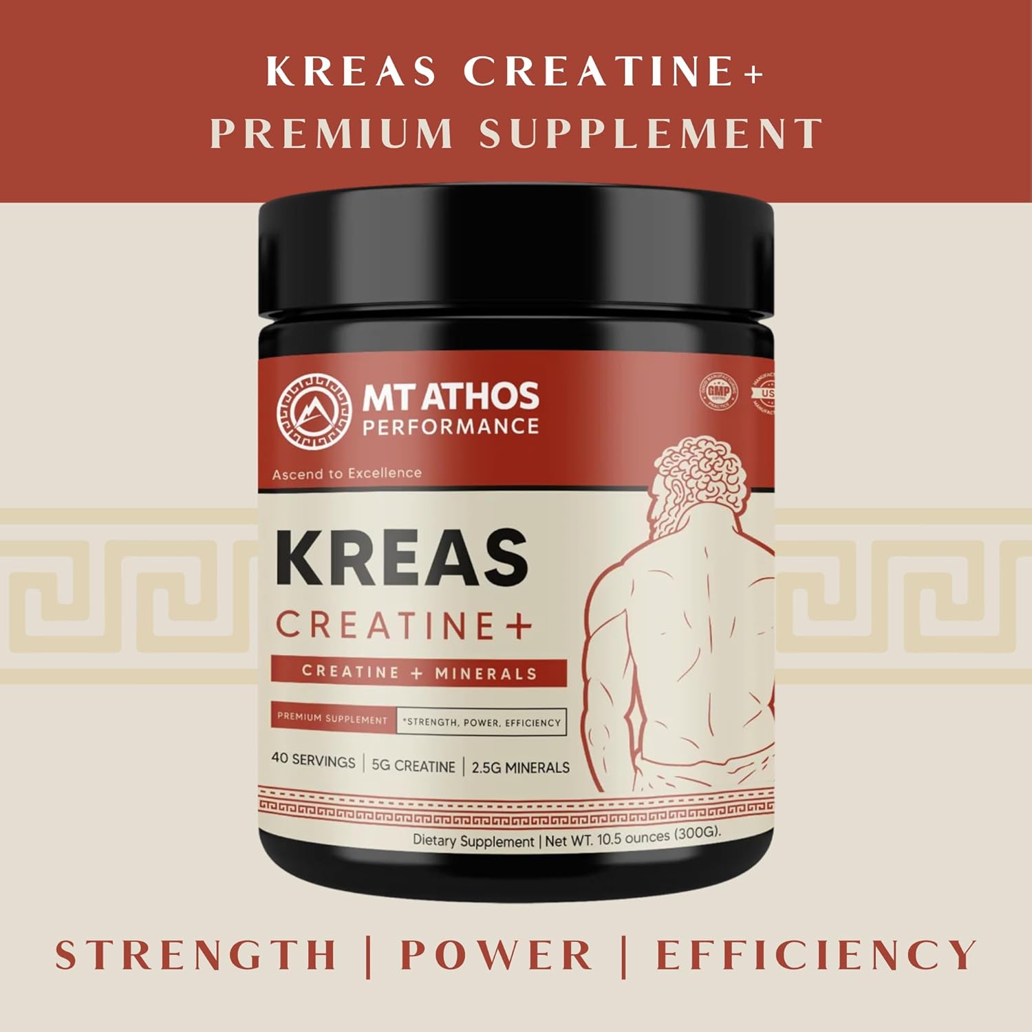 Mt. Athos Performance Kreas Creatine+ | Advanced Creatine and Mineral Formula | 5g Creatine, 2.5g Minerals per Serving | 40 Servings, 10.5 oz
