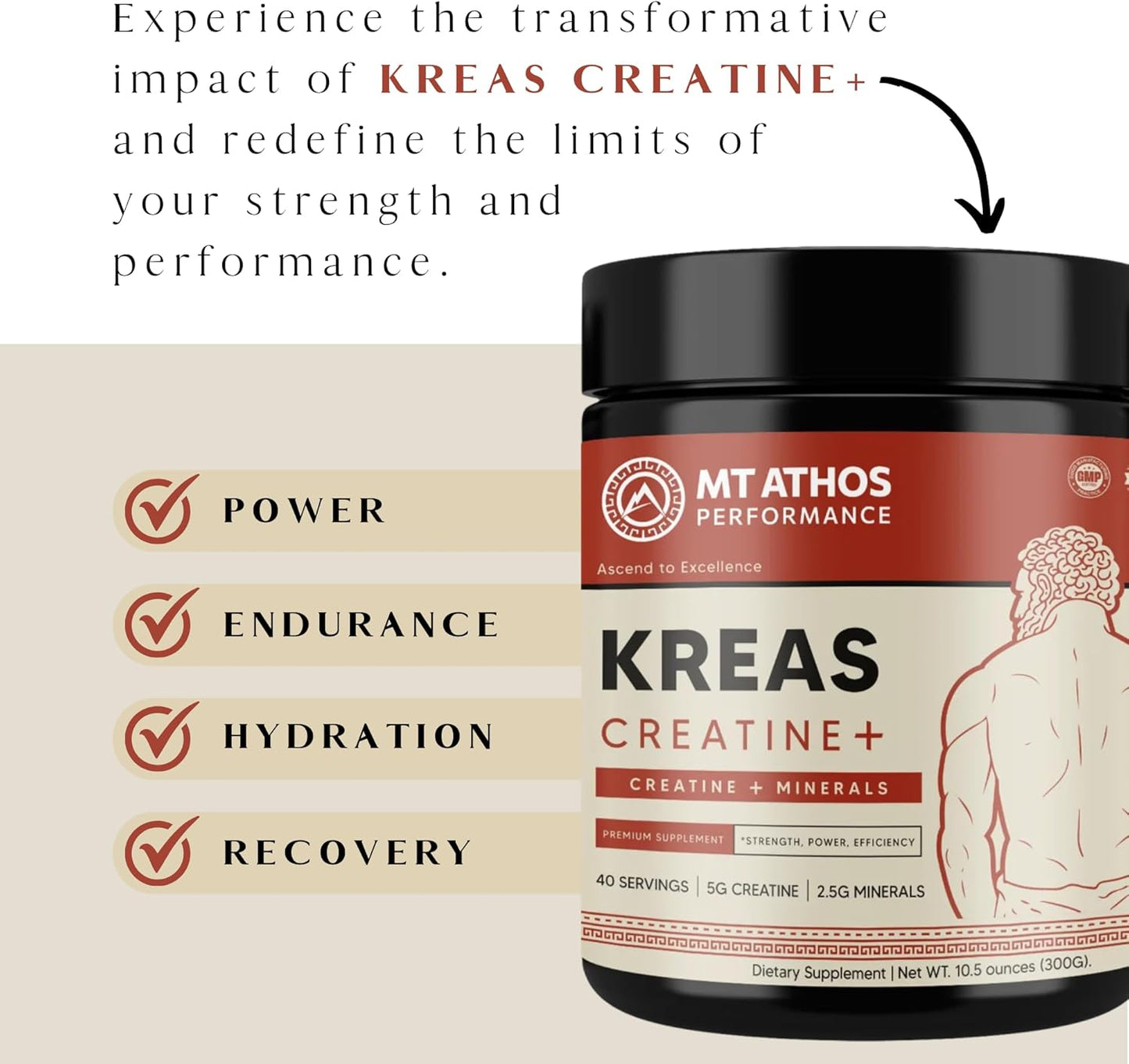 Mt. Athos Performance Kreas Creatine+ | Advanced Creatine and Mineral Formula | 5g Creatine, 2.5g Minerals per Serving | 40 Servings, 10.5 oz