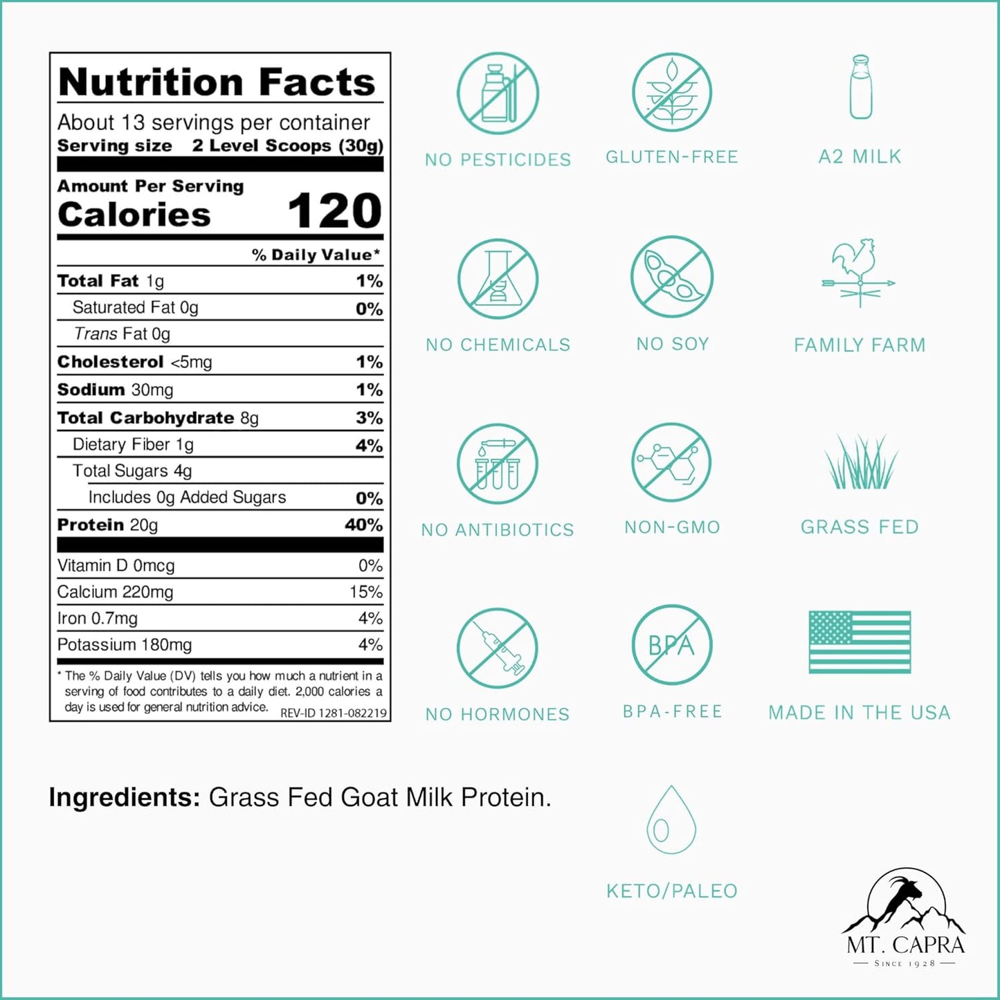 Mt Capra Clean Whole Protein Blend - Grass-Fed Goat Protein with Whey & Casein, 20g Protein per Serving, Muscle Building, No Bloating, 13 Servings, 400g