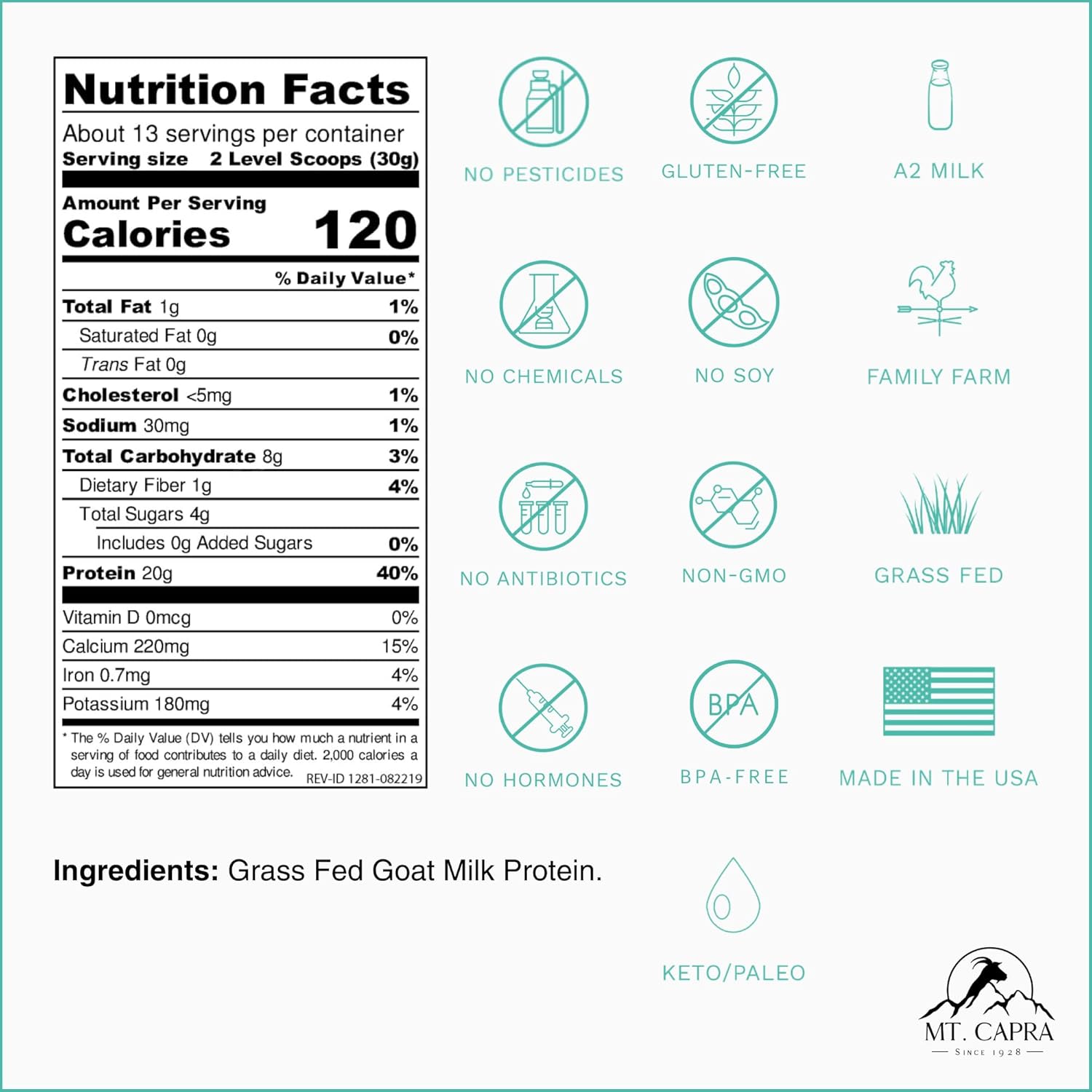 Mt Capra Clean Whole Protein Blend - Grass-Fed Goat Protein with Whey & Casein, 20g Protein per Serving, Muscle Building, No Bloating, 13 Servings, 400g