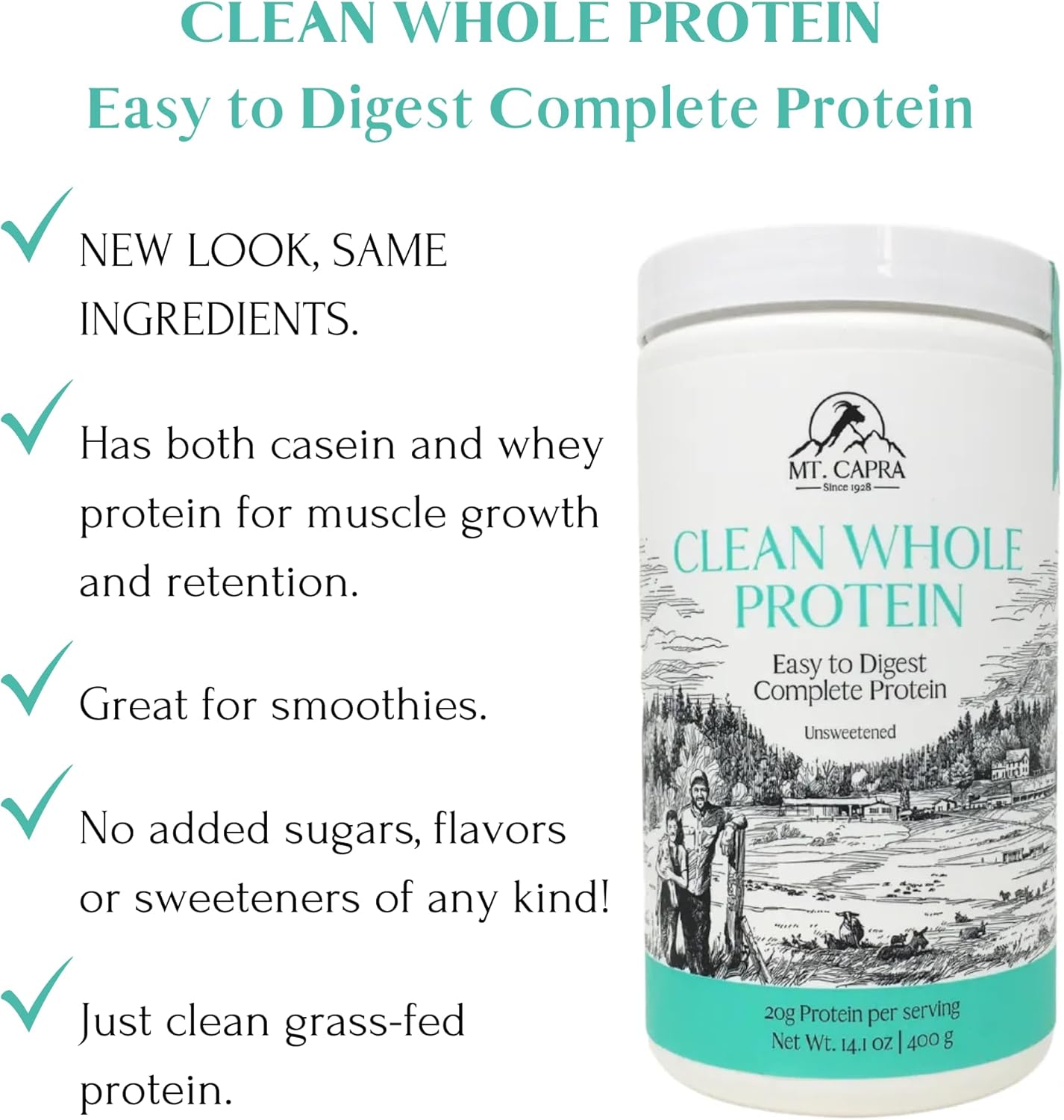 Mt Capra Clean Whole Protein Blend - Grass-Fed Goat Protein with Whey & Casein, 20g Protein per Serving, Muscle Building, No Bloating, 13 Servings, 400g