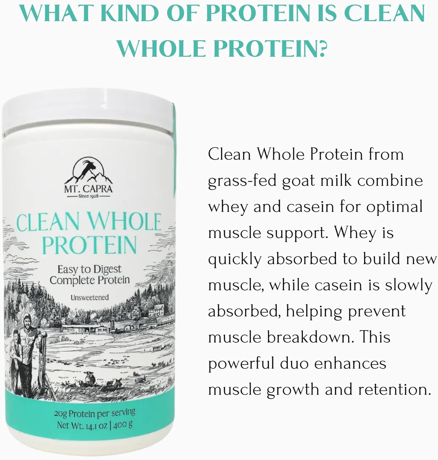Mt Capra Clean Whole Protein Blend - Grass-Fed Goat Protein with Whey & Casein, 20g Protein per Serving, Muscle Building, No Bloating, 13 Servings, 400g