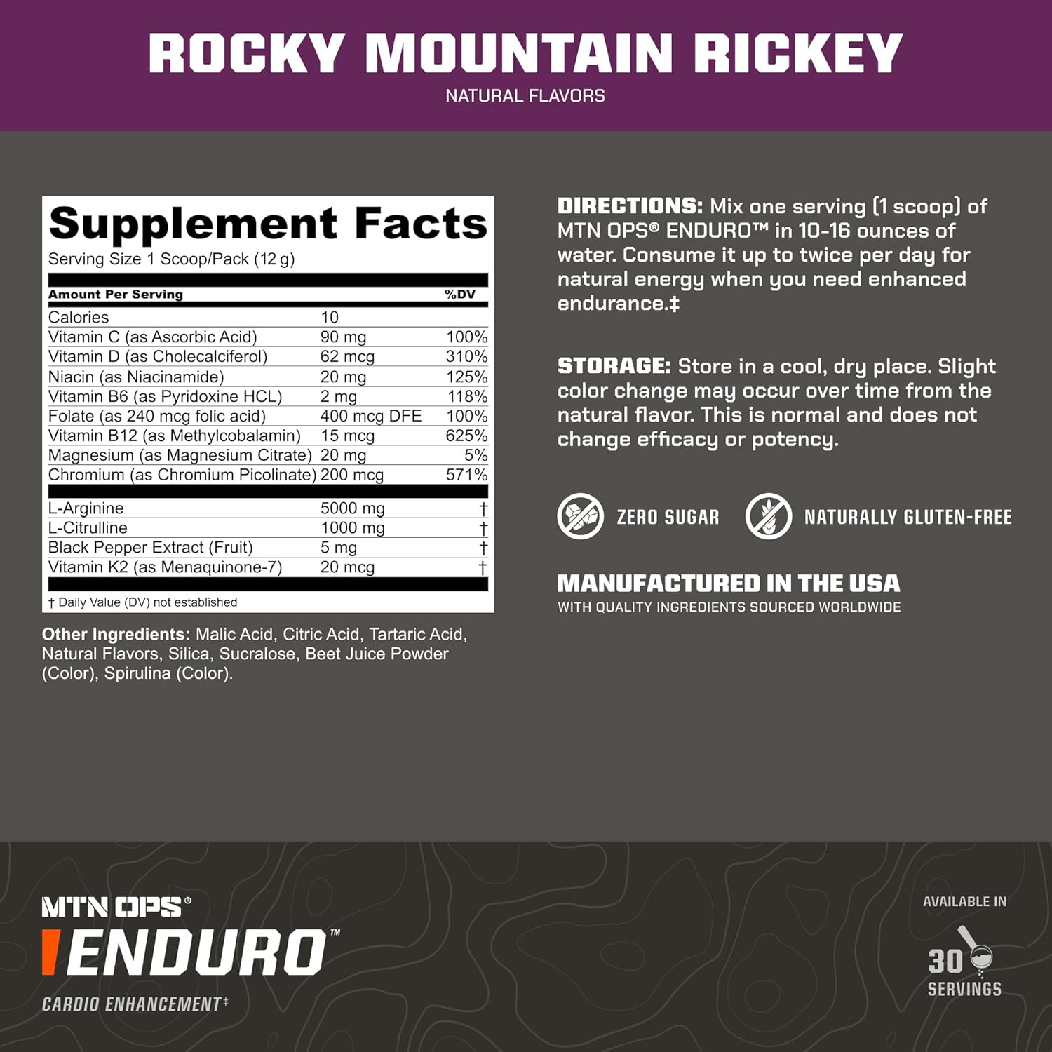 MTN OPS Enduro Nitric Oxide Pre Workout Supplement - Caffeine Free, Magnesium Citrate, L Arginine, L Citrulline, 30 Servings