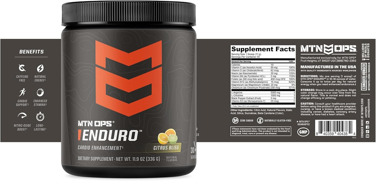 MTN OPS Enduro Nitric Oxide Supplement & Stim-Free Pre Workout - 30 Servings - Citrus Bliss Flavor with Magnesium Citrate, Beet Root Powder, Niacinamide, L Arginine, L Citrulline