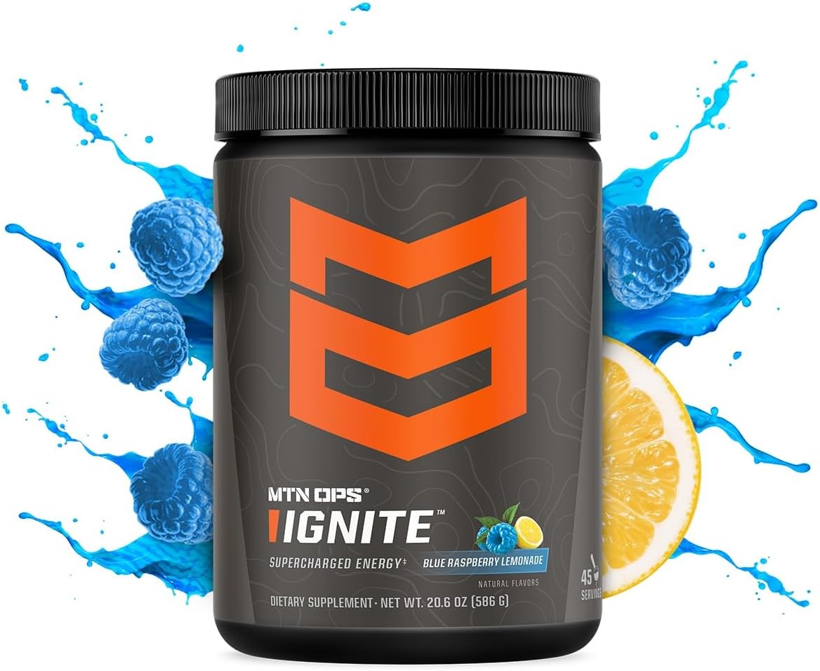 MTN OPS Ignite Energy Drink Powder - Gluten Free Nitric Oxide Supplement Mix with L Arginine, L Citrulline, Caffeine, & Nootropic Blend - 45 Servings, Blue Raspberry Lemonade Flavor