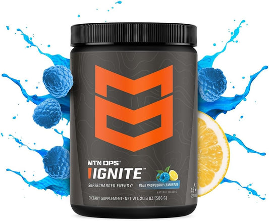 MTN OPS Ignite Energy Drink Powder - Gluten Free Nitric Oxide Supplement Mix with L Arginine, L Citrulline, Caffeine, & Nootropic Blend - 45 Servings, Blue Raspberry Lemonade Flavor