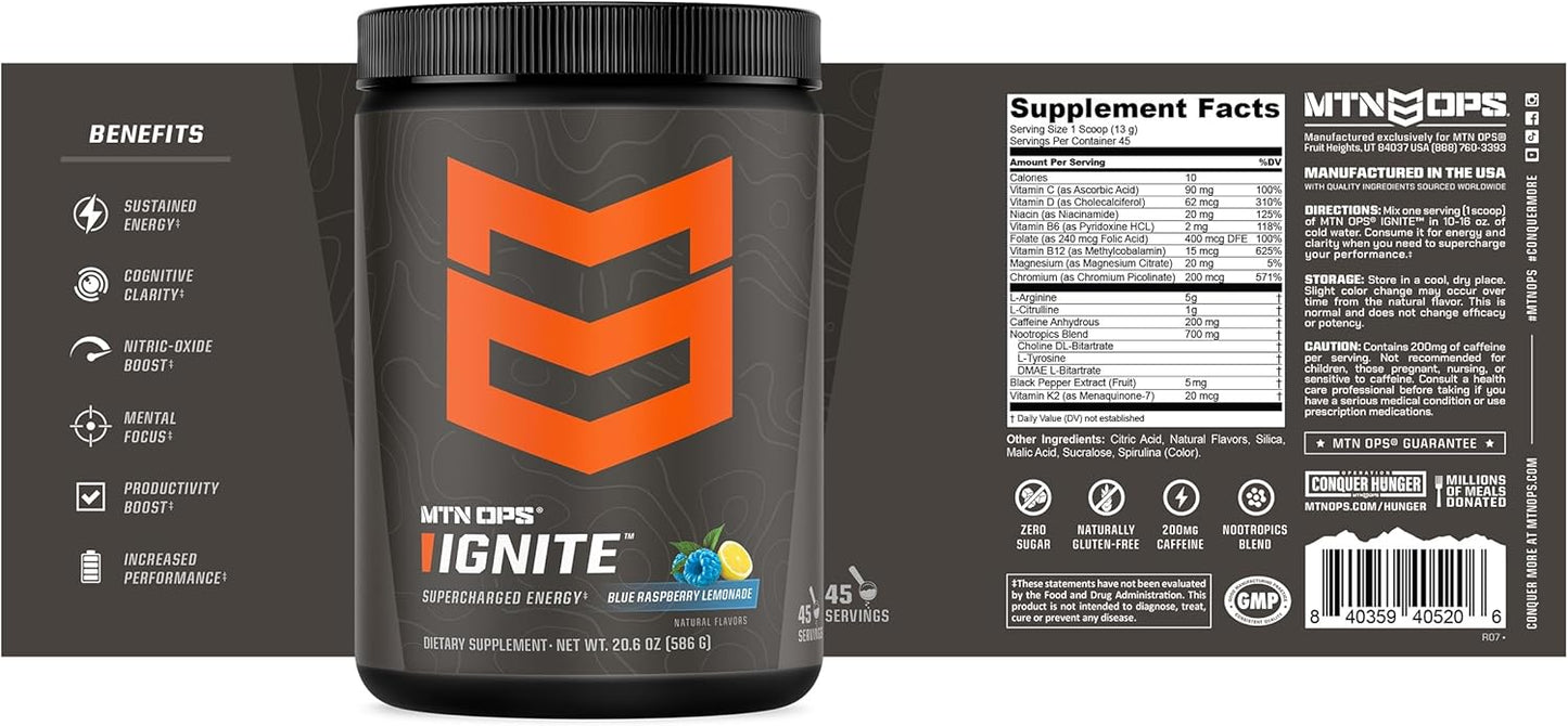 MTN OPS Ignite Energy Drink Powder - Gluten Free Nitric Oxide Supplement Mix with L Arginine, L Citrulline, Caffeine, & Nootropic Blend - 45 Servings, Blue Raspberry Lemonade Flavor