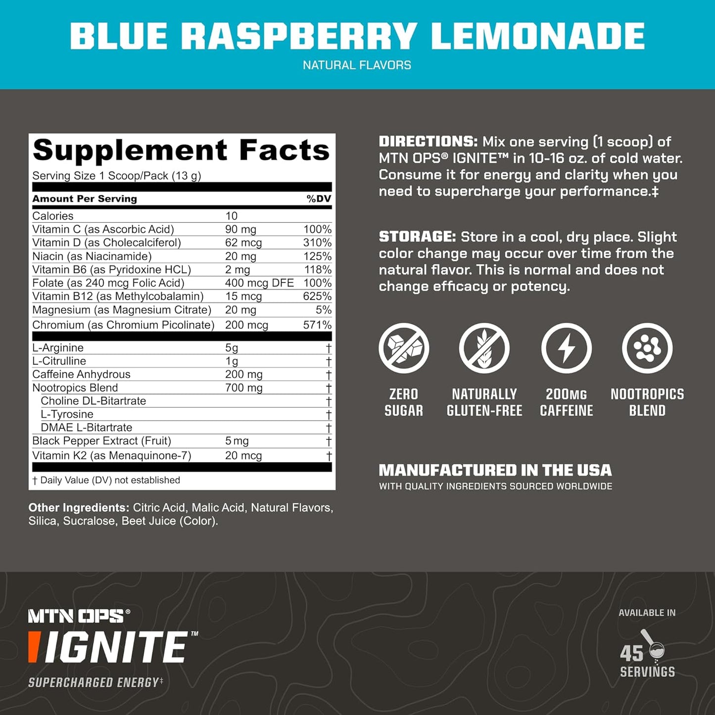 MTN OPS Ignite Energy Drink Powder - Gluten Free Nitric Oxide Supplement Mix with L Arginine, L Citrulline, Caffeine, & Nootropic Blend - 45 Servings, Blue Raspberry Lemonade Flavor