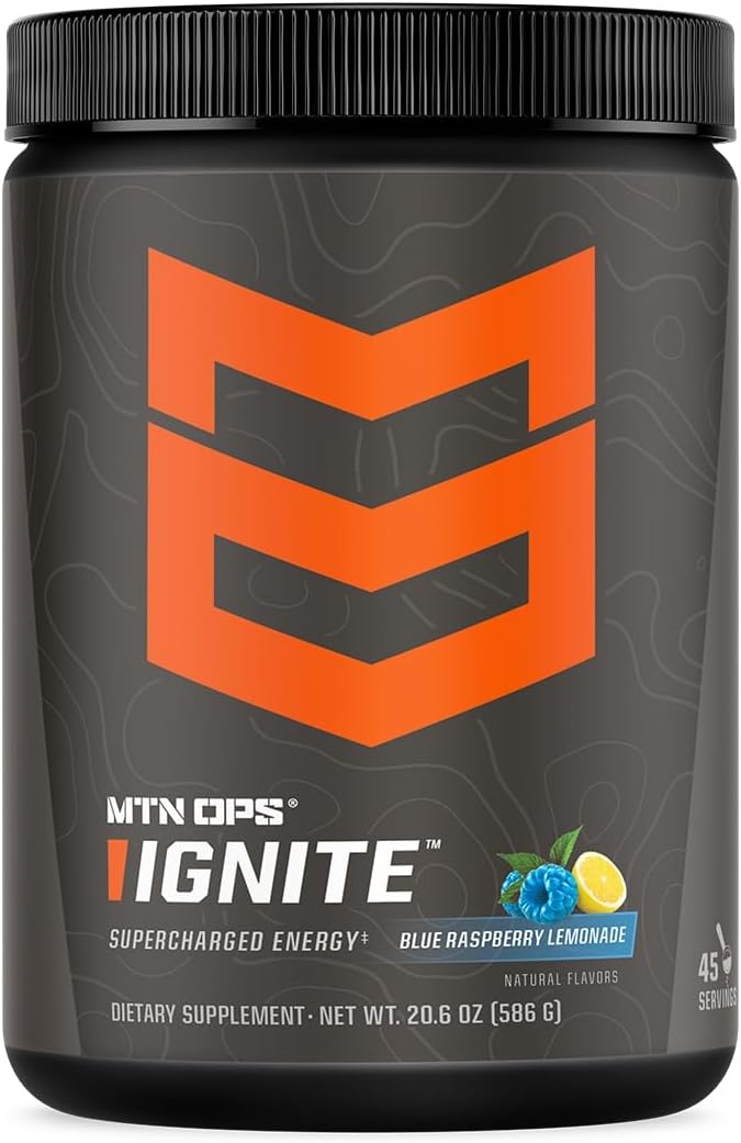 MTN OPS Ignite Energy Drink Powder - Gluten Free Nitric Oxide Supplement Mix with L Arginine, L Citrulline, Caffeine, & Nootropic Blend - 45 Servings, Blue Raspberry Lemonade Flavor