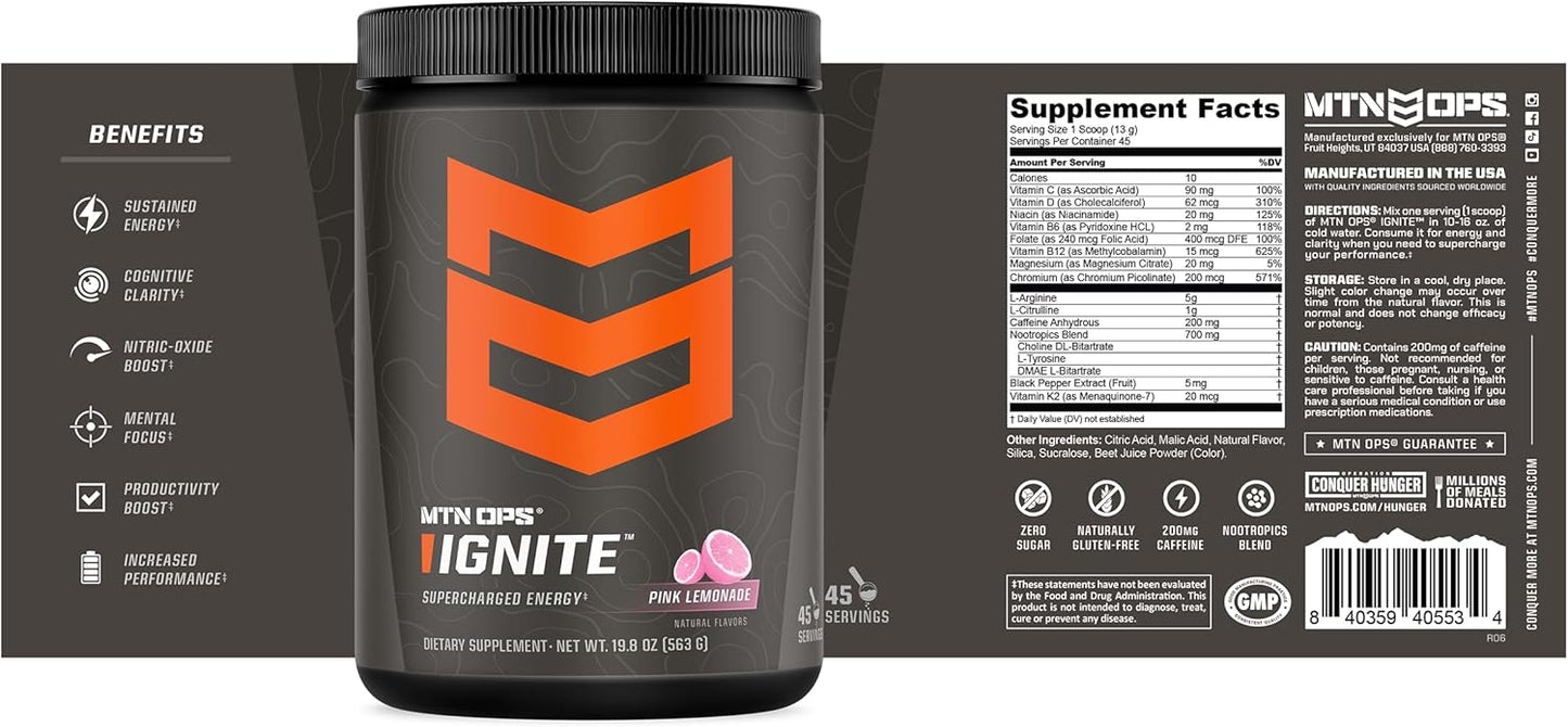 MTN OPS Ignite Pink Lemonade Energy Drink Mix - 45 Servings