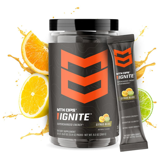 MTN OPS Ignite Trails Citrus Bliss Energy Drink Powder - Gluten Free Nitric Oxide Supplement with L Arginine, L Citrulline, Caffeine & Nootropic - 20 Servings