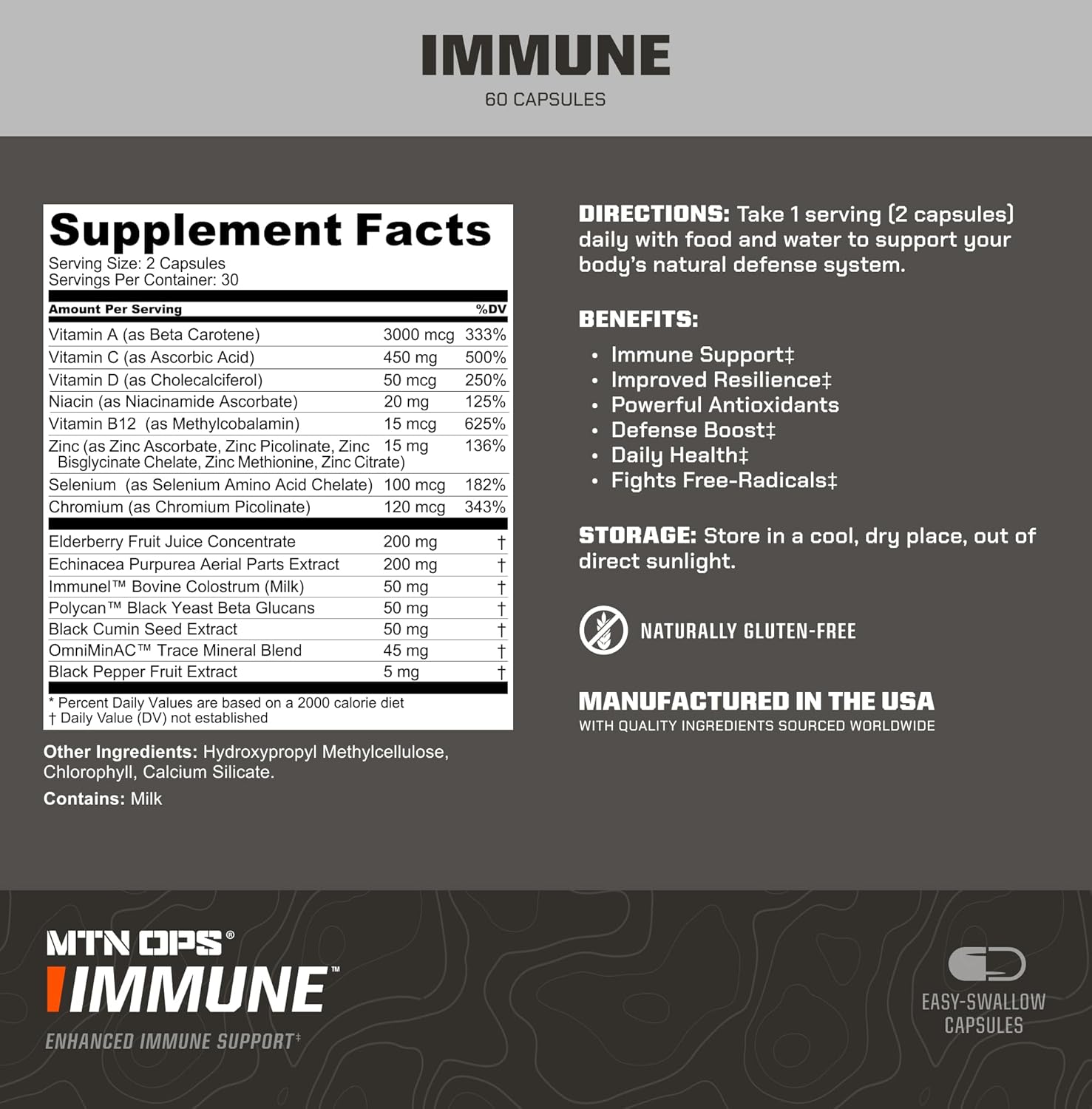 MTN OPS Immune Support Capsules with Vitamin D, Vitamin C, Zinc, Elderberry, Echinacea - 60 Capsules