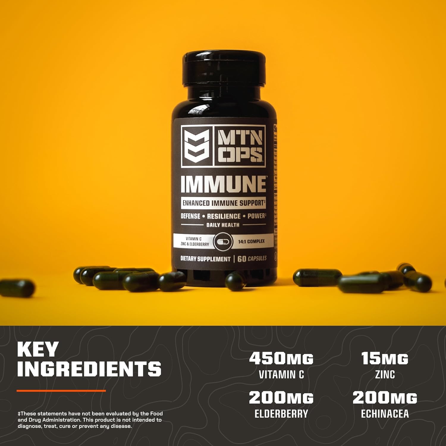MTN OPS Immune Support Capsules with Vitamin D, Vitamin C, Zinc, Elderberry, Echinacea - 60 Capsules