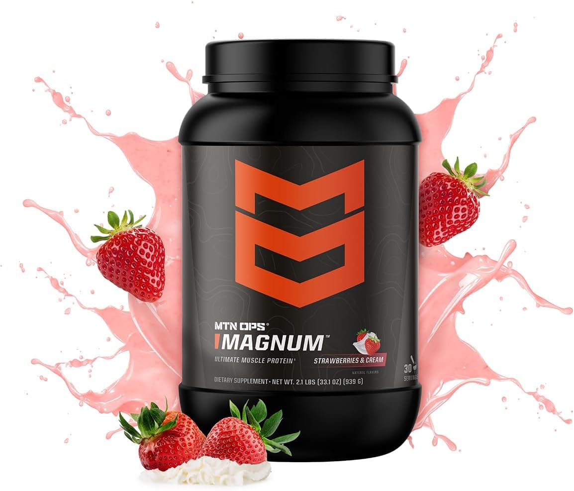 MTN OPS Magnum Strawberries & Cream Protein Powder, 23g Whey Isolate & Milk Protein, BCAAs, Zero Sugar, Gluten Free - 30 Servings
