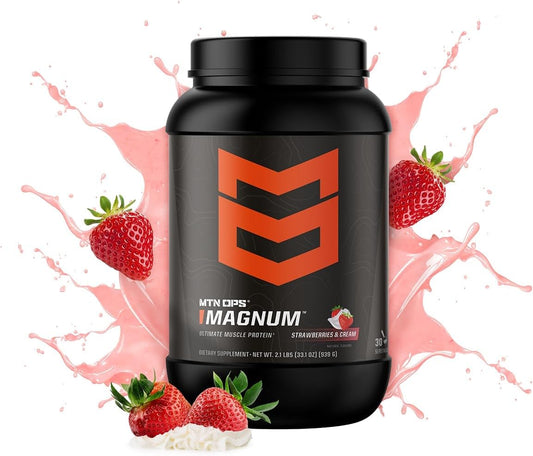 MTN OPS Magnum Strawberries & Cream Protein Powder, 23g Whey Isolate & Milk Protein, BCAAs, Zero Sugar, Gluten Free - 30 Servings