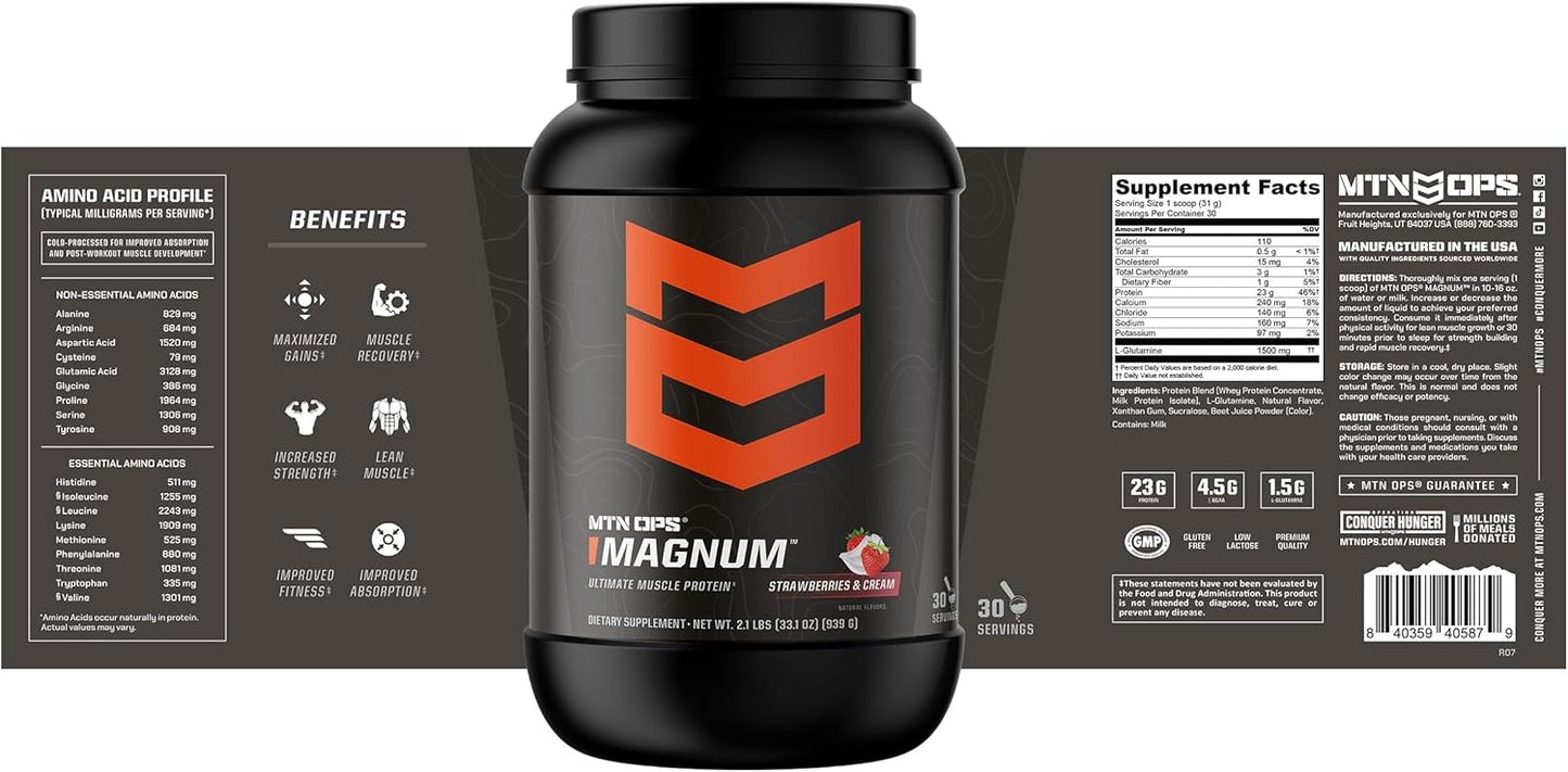 MTN OPS Magnum Strawberries & Cream Protein Powder, 23g Whey Isolate & Milk Protein, BCAAs, Zero Sugar, Gluten Free - 30 Servings