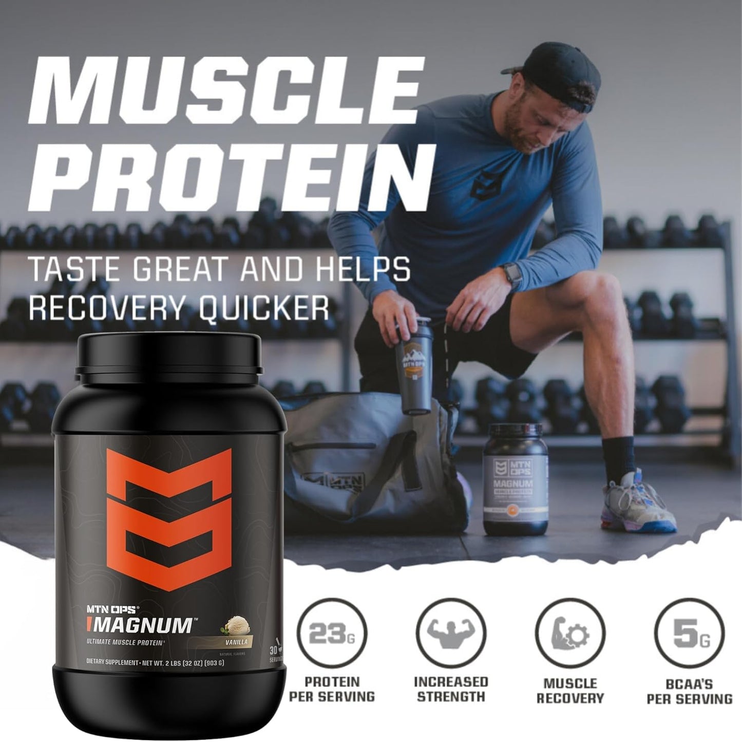 MTN OPS Magnum Strawberries & Cream Protein Powder, 23g Whey Isolate & Milk Protein, BCAAs, Zero Sugar, Gluten Free - 30 Servings