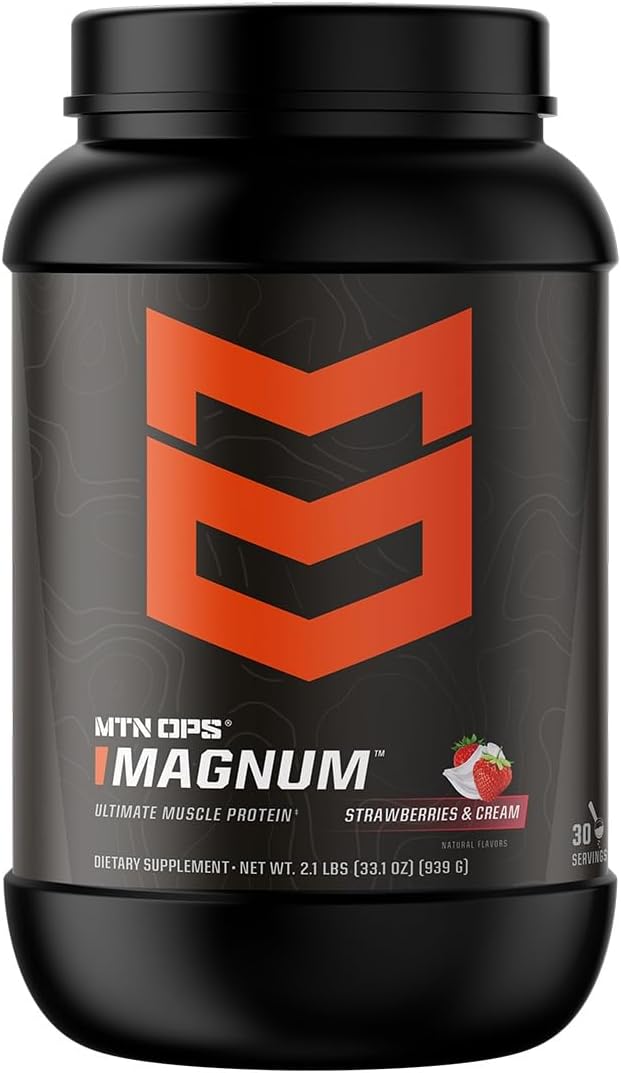 MTN OPS Magnum Strawberries & Cream Protein Powder, 23g Whey Isolate & Milk Protein, BCAAs, Zero Sugar, Gluten Free - 30 Servings