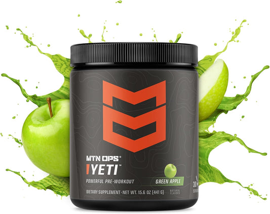 MTN OPS Yeti Green Apple Pre-Workout Powder with Creatine, BCAAs, Beta Alanine - 30 Servings