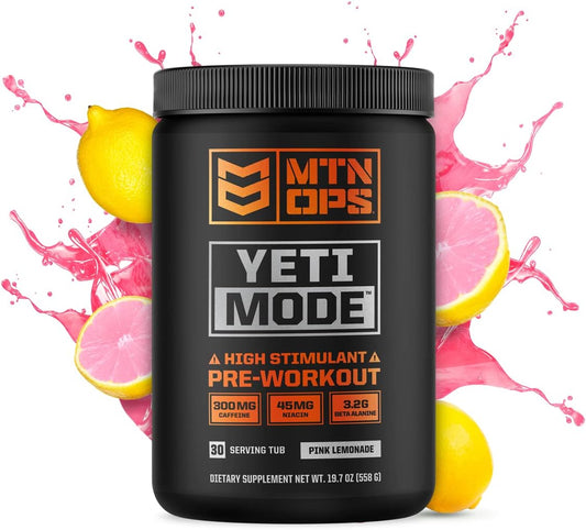 MTN OPS Yeti Mode Pre-Workout Powder - High-Stimulant Blend with 300mg Caffeine - Pink Lemonade Flavor, 30 Servings