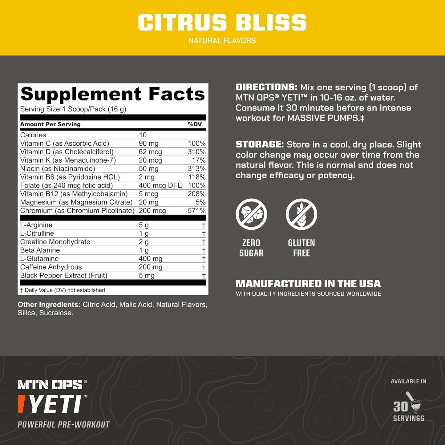 MTN OPS Yeti Monster Citrus Bliss Pre-Workout Powder Energy Drink - 30 Servings