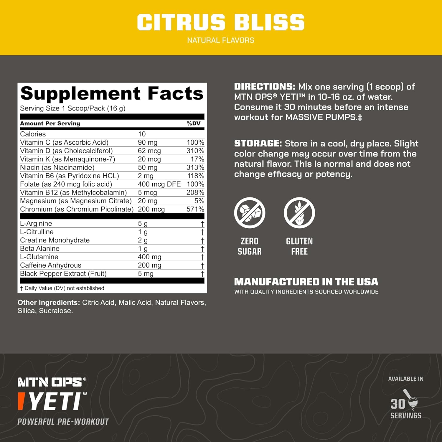 MTN OPS Yeti Monster Citrus Bliss Pre-Workout Powder Energy Drink - 30 Servings