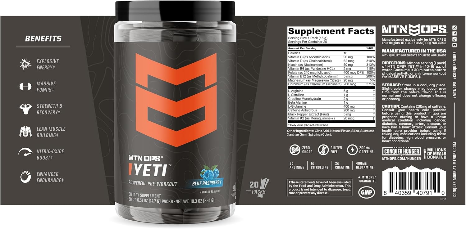 MTN OPS Yeti Trail Packs Blue Raspberry Pre-Workout Powder - 20 Servings