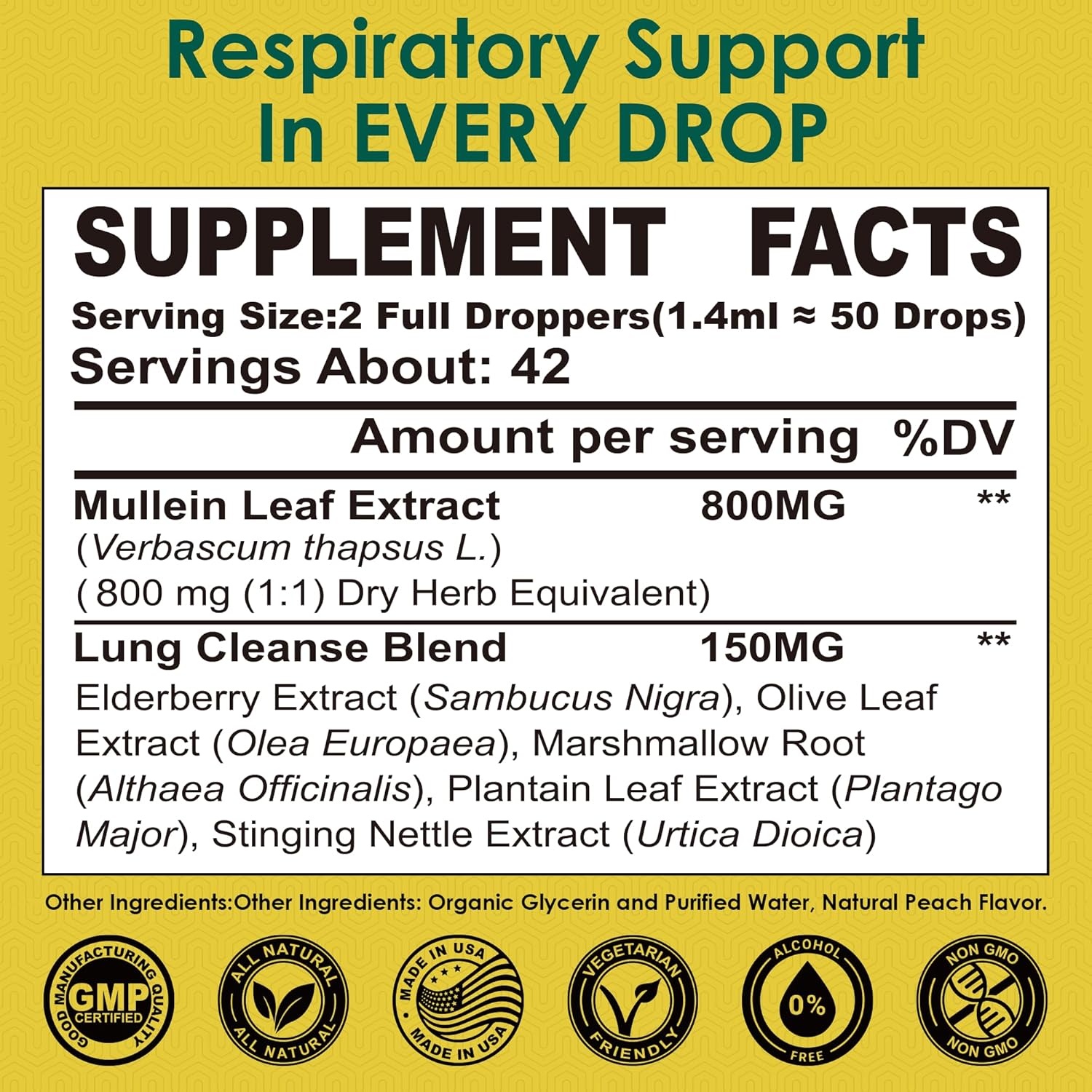 Mullein Drops for Lung 800mg - Natural Lung Cleanse Formula with Marshmallow, Elderberry, Olive Leaf - Alcohol-Free Tincture, 2 fl oz