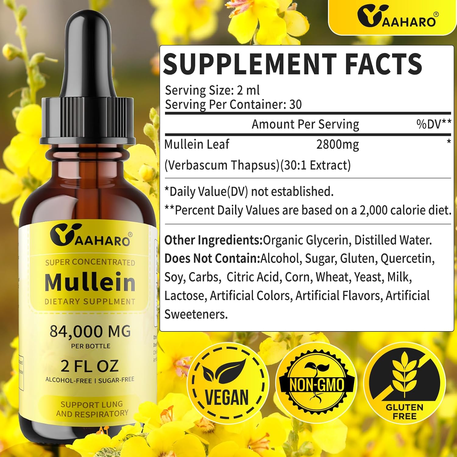 Mullein Drops for Lungs (2 Pack) - Natural Herbal Supplement for Lung Cleanse & Respiratory Function - Alcohol-Free Mullein Leaf Extract - Vegan, Non-GMO, Gluten-Free - 4 Fl Oz