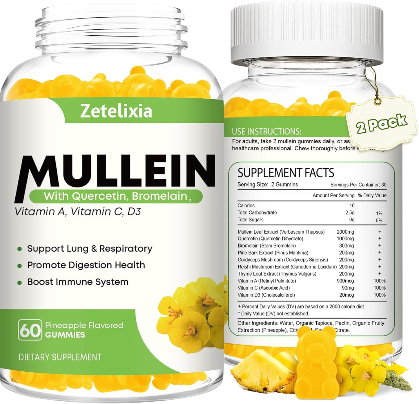 Mullein Gummies 2 Pack - 10 in 1 Lung Support with Quercetin, Pineapple Flavor - 120 Count