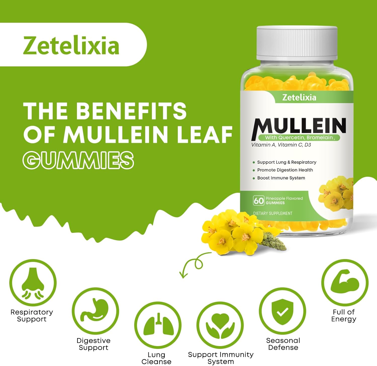 Mullein Gummies 2 Pack - 10 in 1 Lung Support with Quercetin, Pineapple Flavor - 120 Count