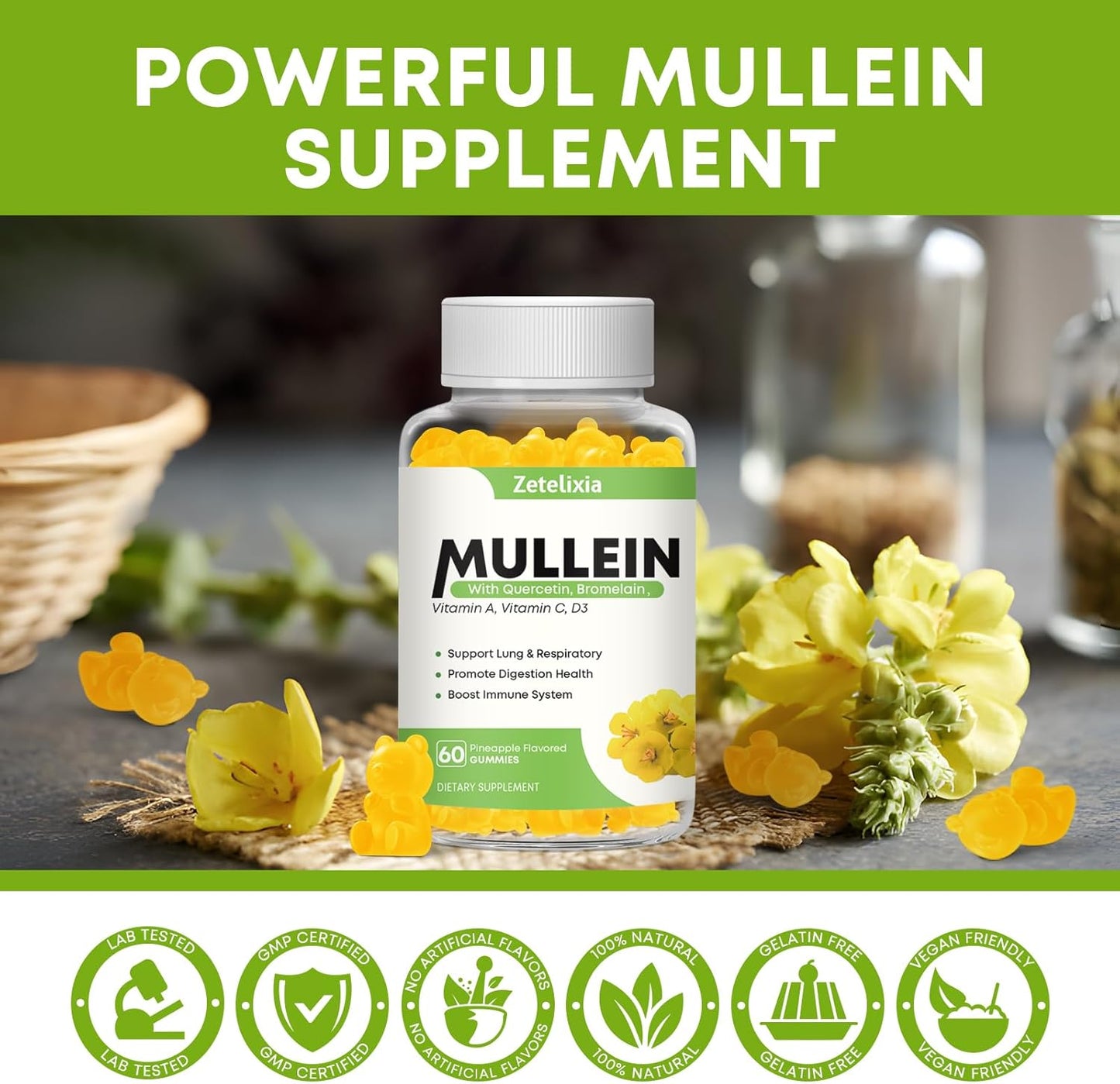 Mullein Gummies 2 Pack - 10 in 1 Lung Support with Quercetin, Pineapple Flavor - 120 Count
