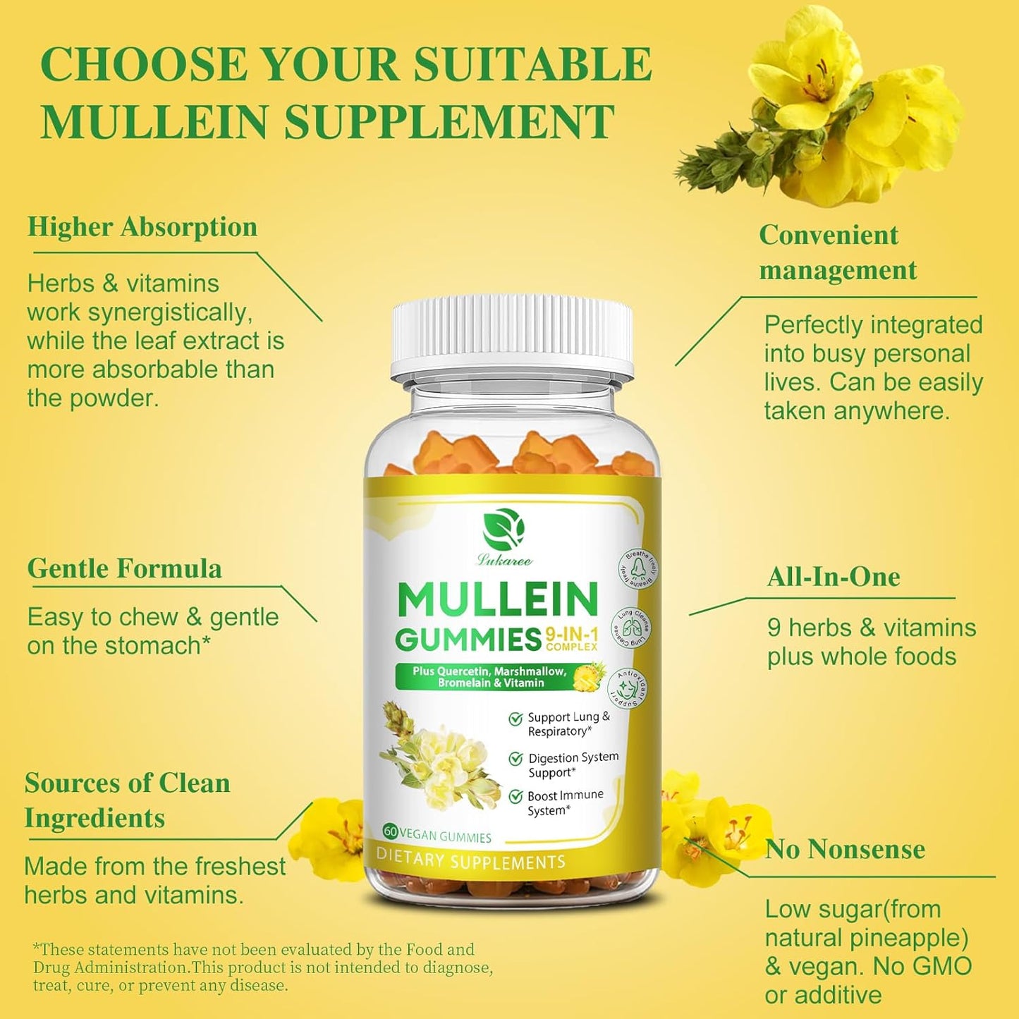 Mullein Gummies (3 Pack) - 9-in-1 Lung Cleanse Supplement with Elderberry & Marshmallow - 180 Vegan Gummies for Respiratory & Immune Support